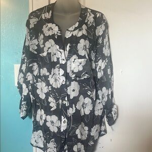 Ruby Rd. White and Dark Gray 3/4 Sleeve Oversized Button Down Shirt 1X NWT